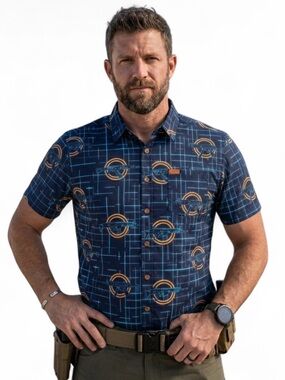 Retro Rifle “The Grid” Men’s Button Up Shirt Blue Gun Grid Pattern Stretchy Sz M